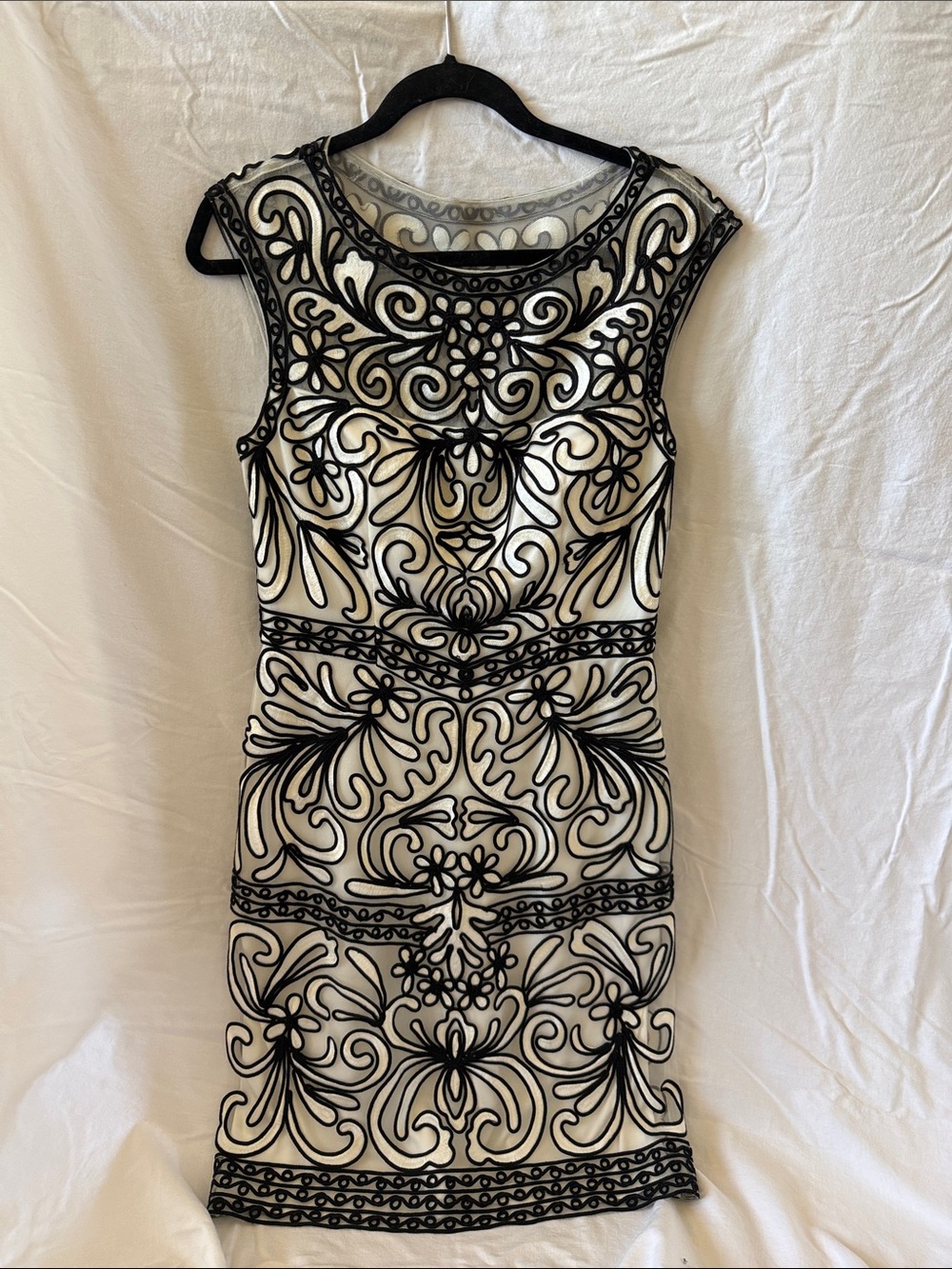Sue Wong White Mini Dress with Black Embroidered Overlay